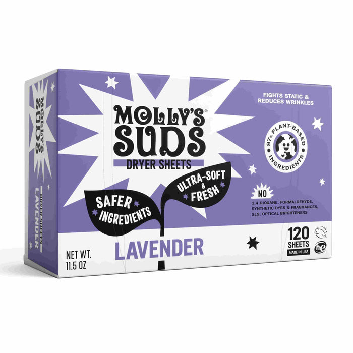 A box of Mollys Suds Fabric Dryer Sheets, decorated with stars and lavender flowers, offers sensitive skin fabric softener benefits. Its ultra-soft, fresh, 97% plant-based, fights static, reduces wrinkles, and contains 120 cruelty-free sheets.