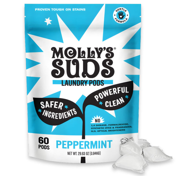A blue and white bag of Molly’s Suds Ultra Concentrated Laundry Detergent Pods for sensitive skin features claims of safer ingredients, powerful clean, and 60 pods. Three white pods appear in the bottom right corner.