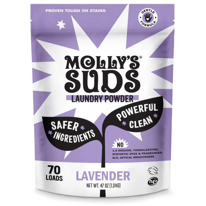 A lavender and white bag of Molly’s Suds Laundry Detergent Powder for 70 loads features a Lavender scent, Safer Ingredients, Powerful Clean, and a Gentle Formula for sensitive skin. Non-toxic.