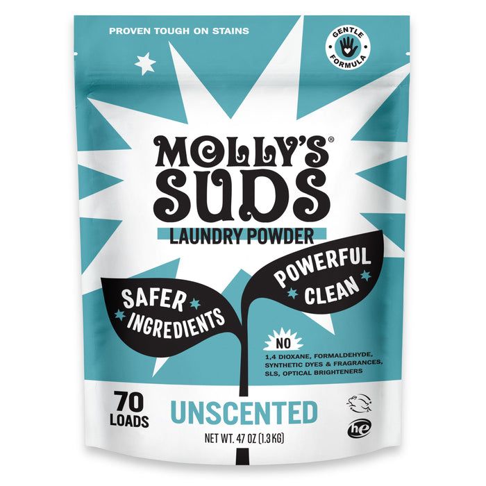 A blue and white bag of Molly's Suds Laundry Detergent Powder labeled “Safer Ingredients” and “Powerful Clean.” This non-toxic, unscented powder is gentle for sensitive skin, free from harsh chemicals, and provides 70 loads.