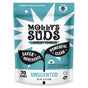 A blue and white bag of Molly's Suds Laundry Detergent Powder labeled “Safer Ingredients” and “Powerful Clean.” This non-toxic, unscented powder is gentle for sensitive skin, free from harsh chemicals, and provides 70 loads.