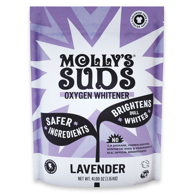 Molly's Suds Oxygen Whitener, a bleach alternative stain remover in a 41.09 oz pouch, features Safer Ingredients and Brightens Dull Whites. The lavender-scented bag displays a purple and white starburst design.