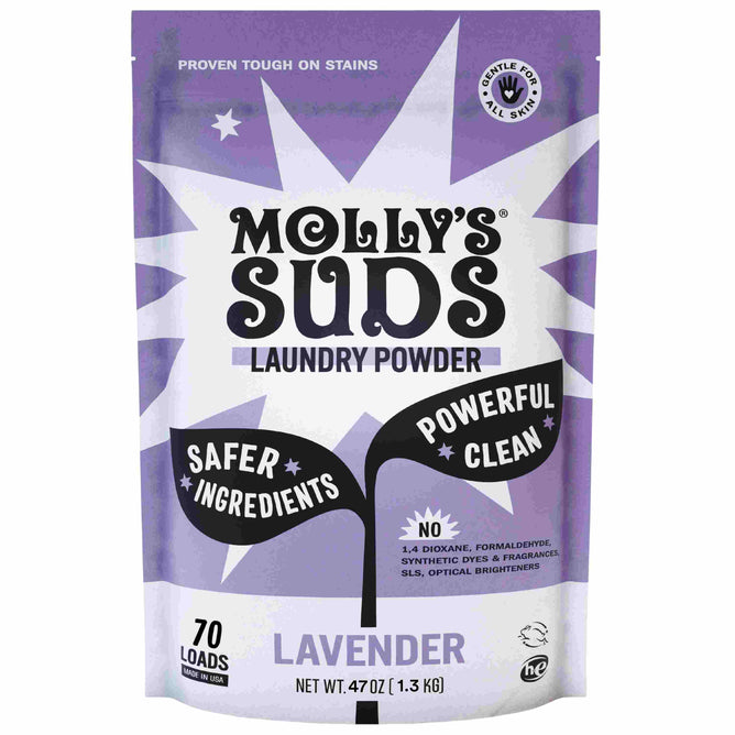 A purple and white bag of Molly’s Suds Laundry Powder, Lavender scent. This hypoallergenic detergent offers safer ingredients, a powerful clean for 70 loads per bag, is gentle on all skin, and free from harsh chemicals.