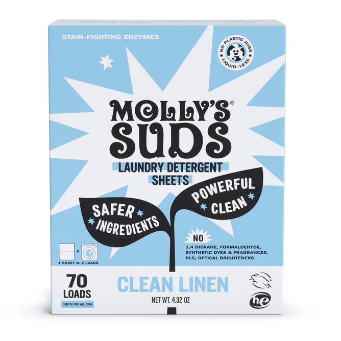 A box of Molly's Suds Laundry Detergent Sheets in Clean Linen scent comes in blue and white, plastic-free packaging. Eco-friendly and cruelty-free, these sheets clean up to 70 loads with safer ingredients.
