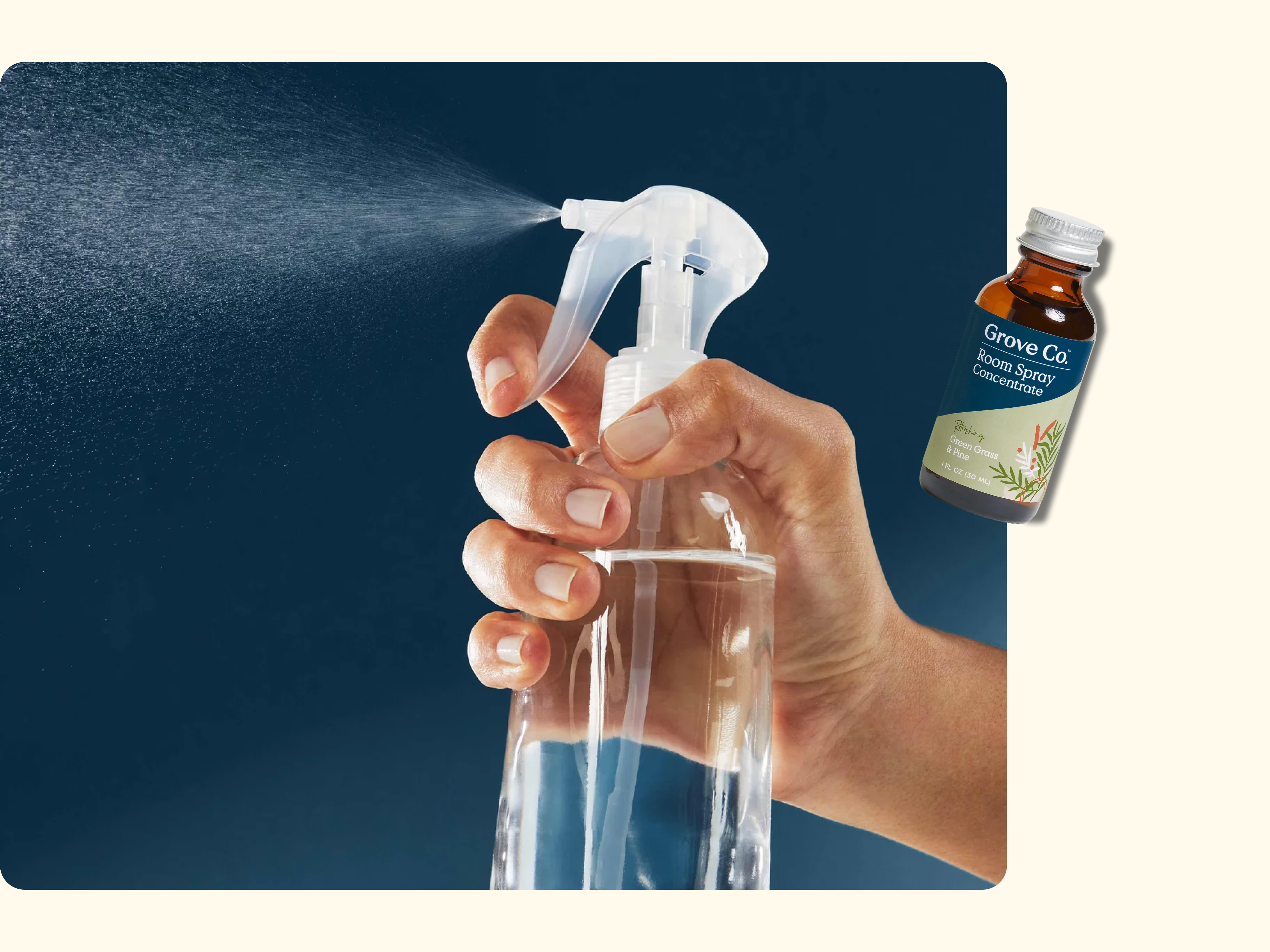 A hand sprays liquid from a clear spray bottle against a dark background; to the right, a small brown bottle labeled Grove Co. Room Spray Concentrate is shown on a light background.