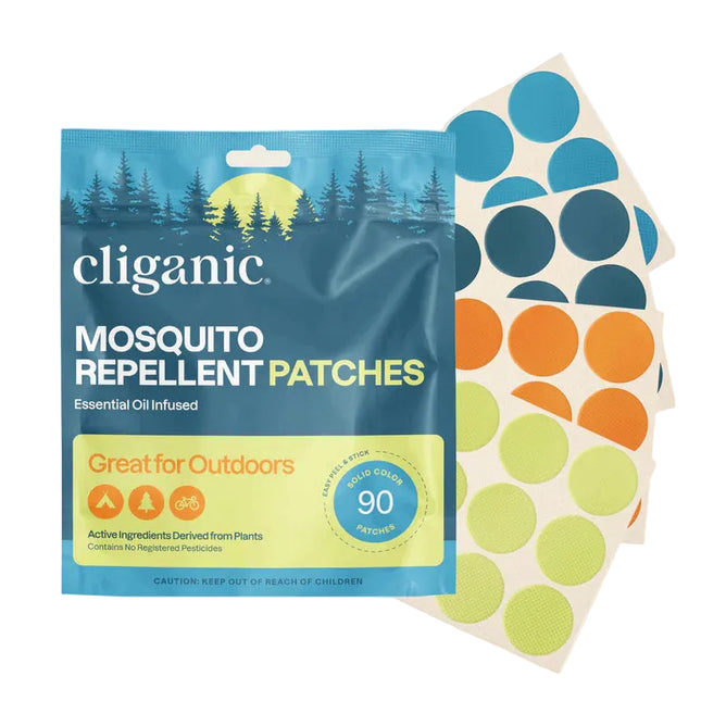 A package of Cliganic Mosquito Repellent Patches - Essential Oil Infused, displayed alongside vibrant round patches in blue, orange, and yellow-green. The packaging emphasizes outdoor use and contains 90 solid color patches, providing DEET-free mosquito protection with essential oil infusion.