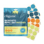 A package of Cliganic Mosquito Repellent Patches - Essential Oil Infused, displayed alongside vibrant round patches in blue, orange, and yellow-green. The packaging emphasizes outdoor use and contains 90 solid color patches, providing DEET-free mosquito protection with essential oil infusion.