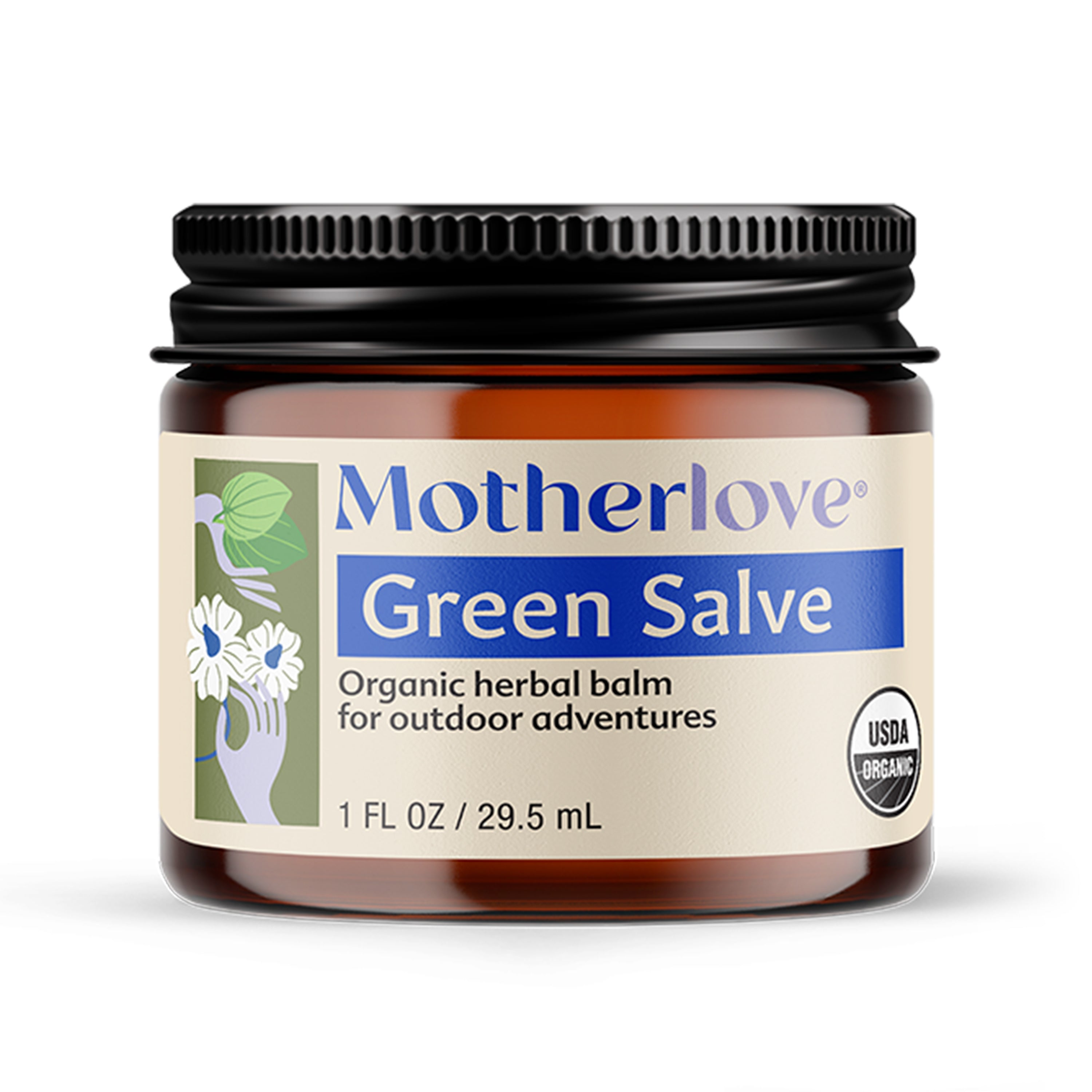A 1 fl oz brown jar of Motherlove Green Salve, labeled as a cruelty-free herbal balm and outdoor essential. It features the USDA Organic seal and a nature-themed illustration, perfect for adventures.