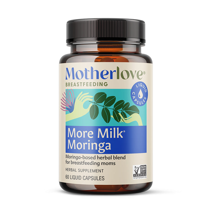 A brown bottle of Motherlove More Milk Moringa with 60 liquid capsules, a blue and beige label, Non-GMO Project Verified seal, and a fenugreek-free moringa supplement for breastfeeding moms.