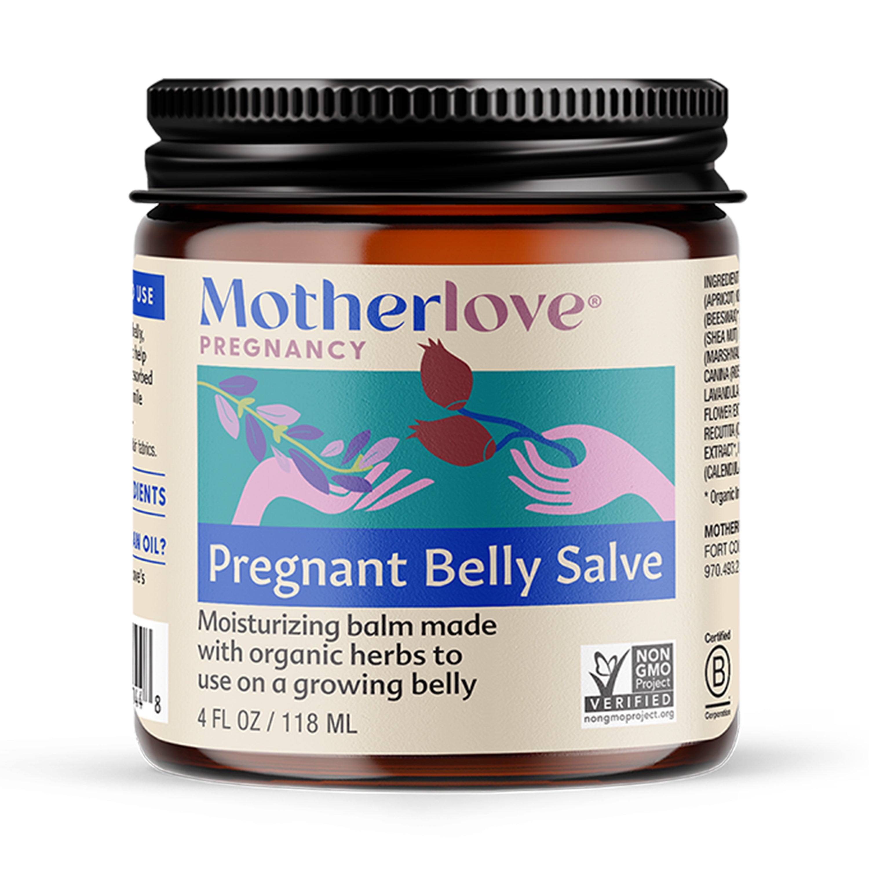 A jar of Motherlove Green Salve with a black lid. The label has purple and pink illustrations of hands holding a plant and reads: “Moisturizing, cruelty free balm made with organic herbs.”.