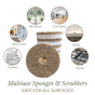Scrub Be Love Coconut Coir Dish Scrub, 6-Pack – shown in labeled images for cleaning windows, counters, bathroom, sinks, dishes, and stove. Multiuse & eco-friendly pads—safe for all surfaces!.