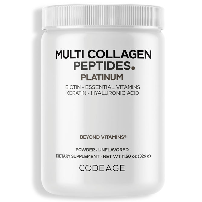 A white container of Codeage Multi Collagen Protein Powder Platinum (11.5 oz/326 g), an unflavored supplement for skin, nail, hair, and joint support with biotin 10,000 mcg, essential vitamins, keratin, and hyaluronic acid.