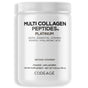 A white container of Codeage Multi Collagen Protein Powder Platinum (11.5 oz/326 g), an unflavored supplement for skin, nail, hair, and joint support with biotin 10,000 mcg, essential vitamins, keratin, and hyaluronic acid.