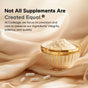 A gold-rimmed glass bowl with white powder rests on beige satin beside four capsules. Above, text reads: Not All Supplements Are Created Equal, highlighting Codeage Multi Collagen Protein Powder Platinum for skin, nail, hair & joint support.