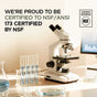 A microscope, test tubes, and a monitor sit on a lab desk with the text: We’re proud that Codeage Multi Collagen Peptides Powder Platinum - Unflavored is NSF/ANSI 173 certified by NSF for our collagen supplement, and a Contents Certified NSF badge appears in the corner.