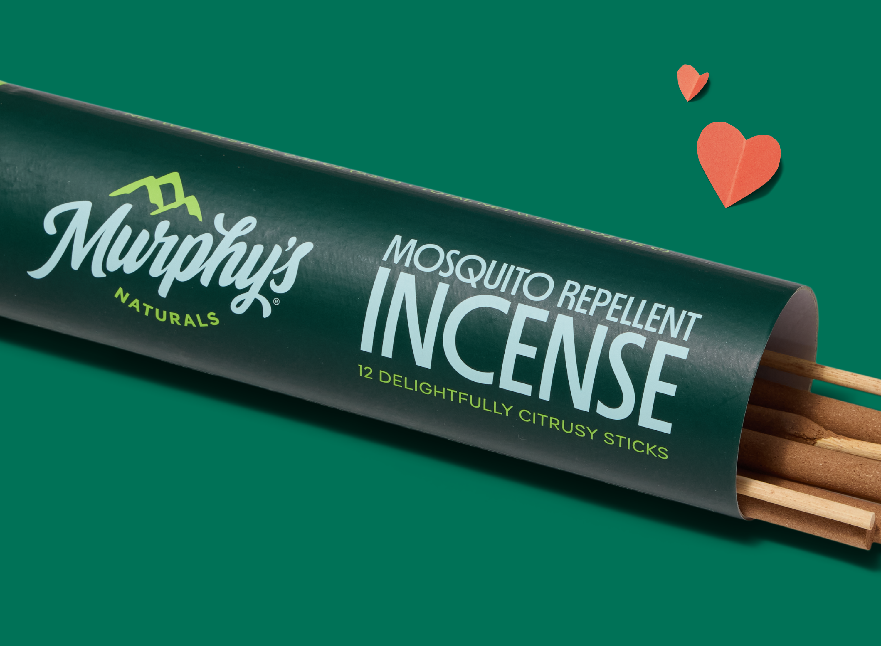 A package of Murphy’s Naturals mosquito repellent incense sticks, labeled 12 delightfully citrusy sticks, with two small red paper hearts on a green background.