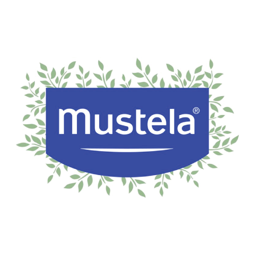 The Mustela logo features the brand name in white text on a blue, shield-shaped background, surrounded by a pattern of green leaves.