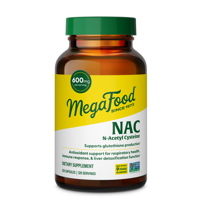 A brown bottle of MegaFood NAC (N-Acetyl-L-Cysteine) contains 120 capsules, each serving provides 600mg. The yellow and green label highlights benefits for respiratory, immune, and liver health, including liver detoxification.