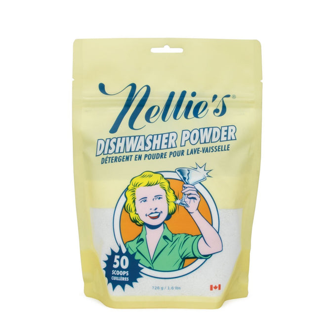 Nellie's Dishwasher Powder Pouch, in yellow with a woman holding a glass, is phosphate-free, septic safe, and has 50 scoops (728g). The pouch features bilingual English and French labeling.