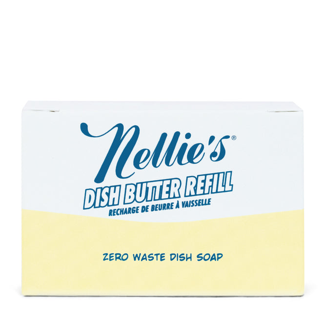 Nellie’s Dish Butter Refill is a zero waste dish soap, ideal for green cleaning, with blue text on a white and pale yellow package.