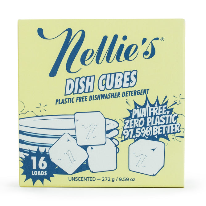 A yellow box of Nellie's Dish Cubes, 16 Load, is labeled as plastic-free dishwasher detergent—PVA free, zero plastic, unscented, 97.5% better cleaning power—featuring fun dish cube illustrations and a planet-friendly message.