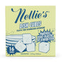 A yellow box of Nellie's Dish Cubes, 16 Load, is labeled as plastic-free dishwasher detergent—PVA free, zero plastic, unscented, 97.5% better cleaning power—featuring fun dish cube illustrations and a planet-friendly message.