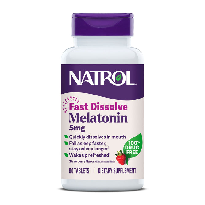 A white bottle of Natrol Melatonin 5mg Fast Dissolve Tablets with a purple cap, featuring a strawberry flavor image and label claims like quick dissolve and better melatonin sleep aid. Contains 90 tablets.