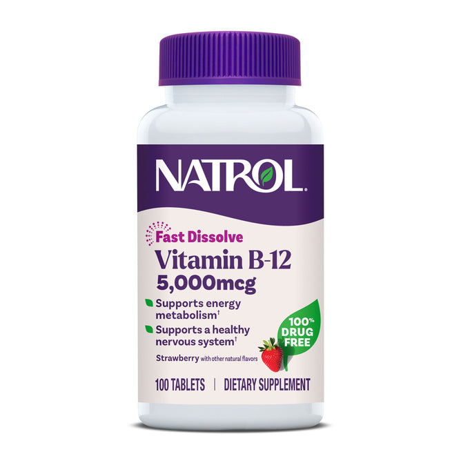 Natrol Vitamin B-12 5000mcg Fast Dissolve Tablets, 100 count, support energy metabolism and the nervous system. Features a strawberry flavor and a 100% drug-free formula.
