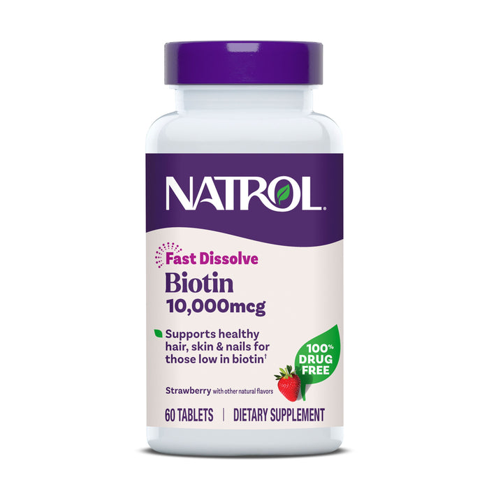 Natrol Beauty Biotin 10,000 mcg Fast Dissolve Tablets, 60 count, support healthy hair, skin & nails; strawberry flavored, fast-dissolving, and 100% drug free.