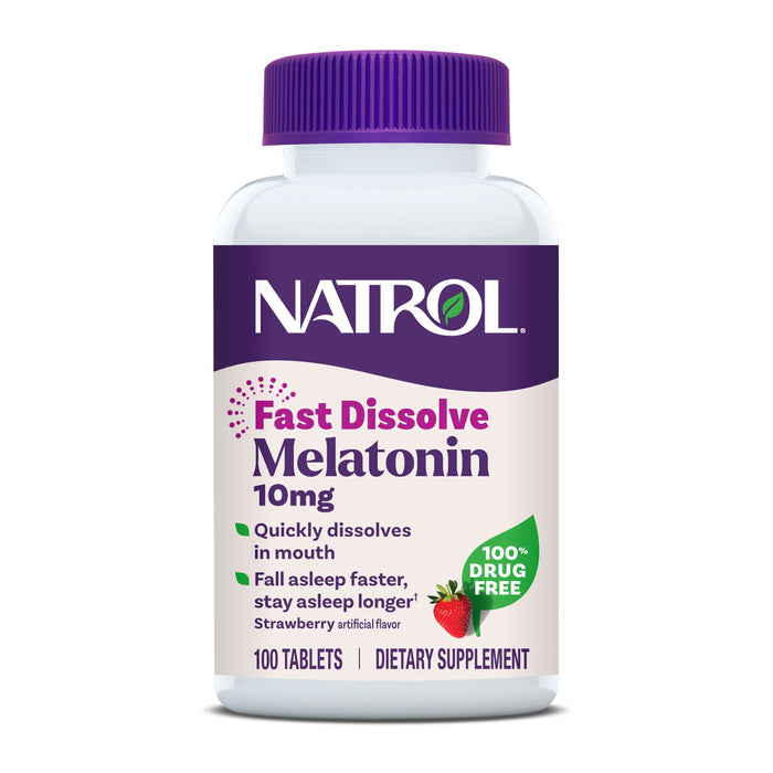 Natrol Sleep Melatonin 10mg Fast Dissolve Tablets, 100-count, offer quick-dissolving, drug-free sleep support in a tasty strawberry flavor to help you enjoy restful nights.