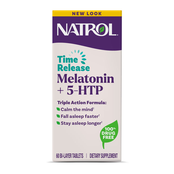 Front view of a Natrol Advanced Sleep Melatonin + 5HTP 6mg Time-Release Tablets box highlighting Calm the mind, Fall asleep faster, and Stay asleep longer claims; contains 60 bi-layer tablets.