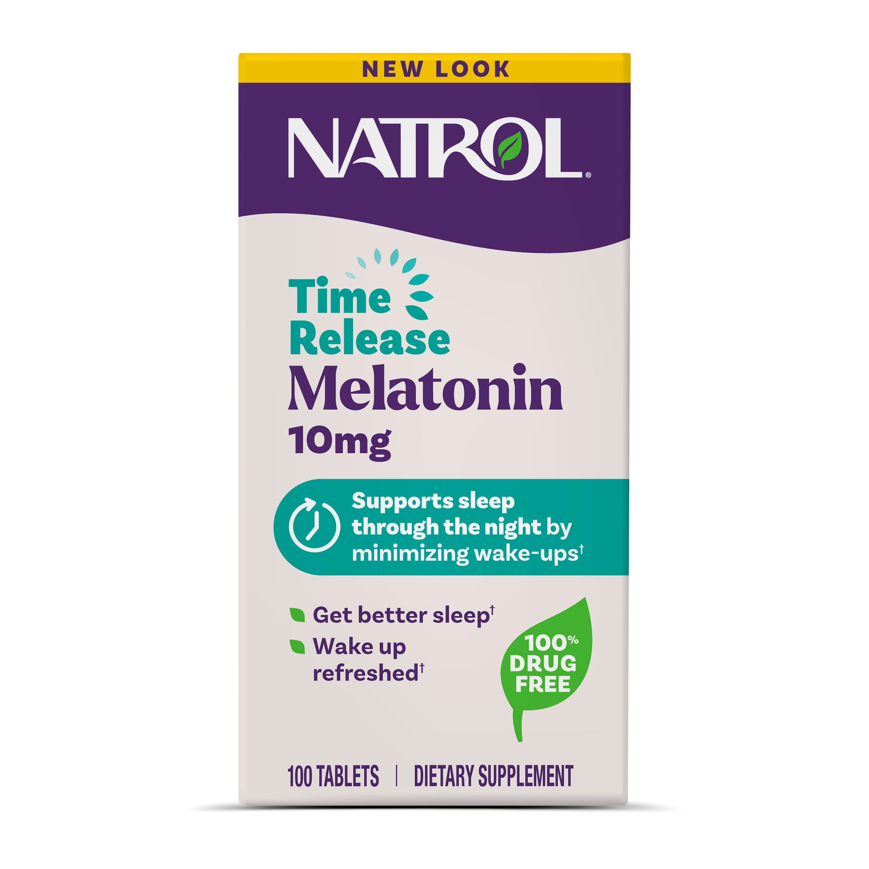 Natrol Advanced Sleep Melatonin 10mg Time-Release Tablets offer sleep support and minimize wake-ups, helping you wake refreshed. 100% drug free with 100 tablets per box.