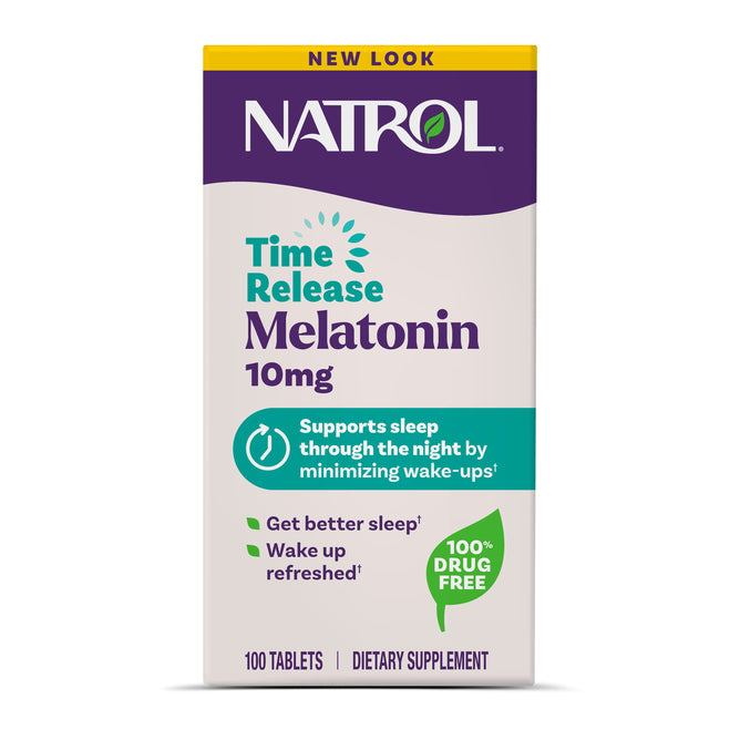 Natrol Advanced Sleep Melatonin 10mg Time-Release Tablets offer sleep support and minimize wake-ups, helping you wake refreshed. 100% drug free with 100 tablets per box.