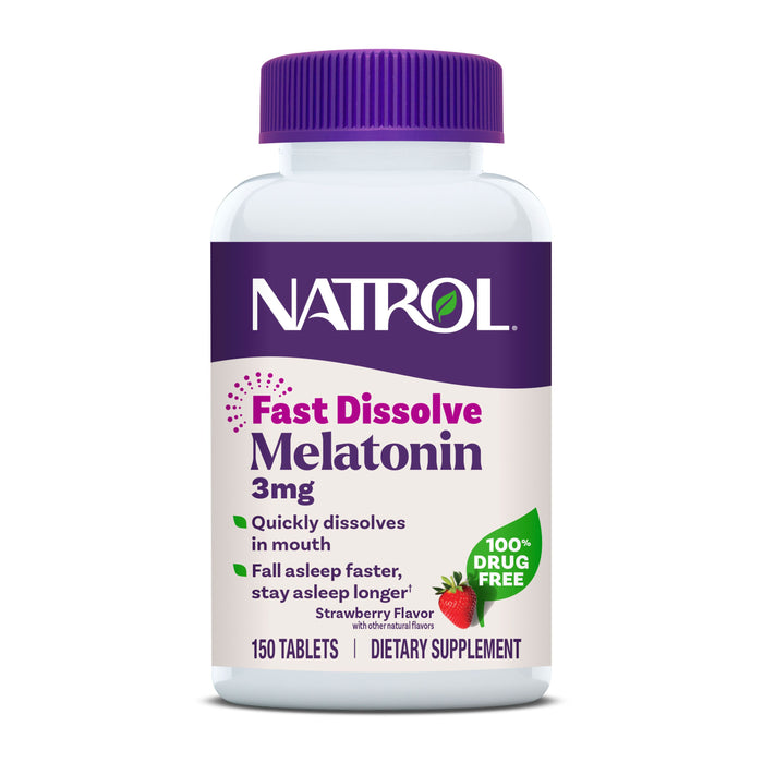 Natrol Melatonin 3mg Fast Dissolve Tablets, 150-count, offer quick dissolve strawberry-flavored sleep support. The 100% drug-free formula helps you fall asleep faster and stay asleep longer.