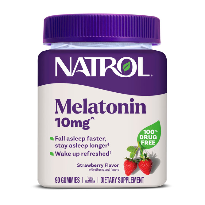 Natrol Melatonin 10mg Gummies come in a strawberry flavor with a purple lid. Each bottle contains 90 gummies designed to help you fall asleep faster, stay asleep longer, and wake up refreshed.