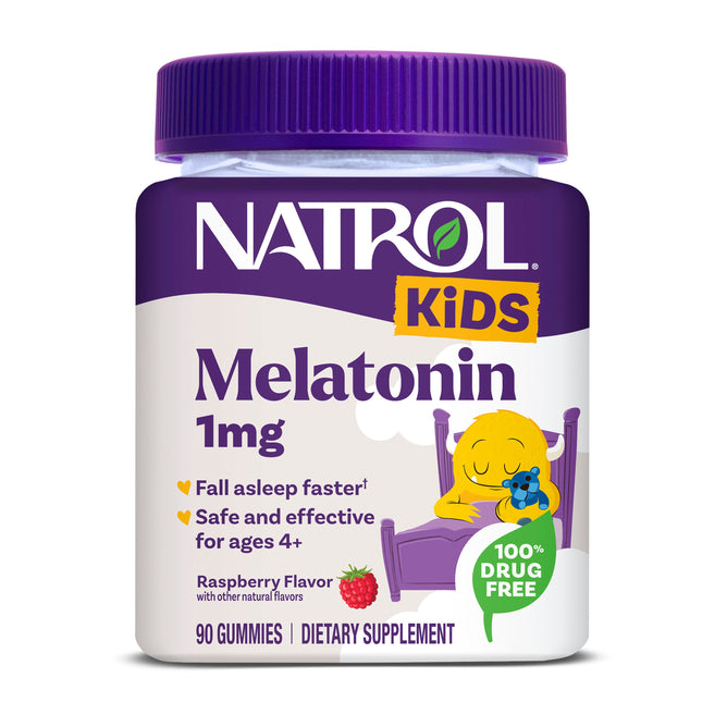 Natrol Kids Melatonin 1mg Gummies, raspberry flavor, 90 count. Label shows a yellow cartoon sleeping in a purple bed, highlights sleep aid for children ages 4+, and states it is 100% drug free.
