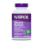A white bottle with a purple cap labeled Natrol Sleep & Restore Capsule with Melatonin, featuring GABA, magnesium, botanical blend, 100% drug-free sleep supplement, 60 capsules, and “dietary supplement” at the bottom.