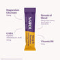 A packet of Natrol Sleep & Restore Powders is centered, highlighting its key ingredients: 100mg Magnesium Glycinate, 10mg Vitamin B6, 25mg Botanical Blend, and GABA—a calming, melatonin-free bedtime drink.