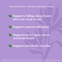 Purple background with white text lists benefits of Natrol Sleep & Restore Powders: a magnesium glycinate drink mix supporting faster sleep, muscle relaxation, heart, bone, nerve and brain health, plus metabolic function. Leaf icons and floral graphics decorate.