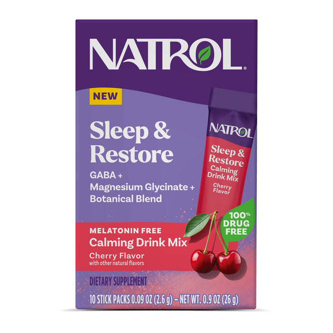 Front of a Natrol Sleep & Restore Powders box, cherry flavor, showing magnesium glycinate drink mix stick packs, cherries, and key features such as “Melatonin Free,” “Magnesium Glycinate,” and “10 stick packs.”.