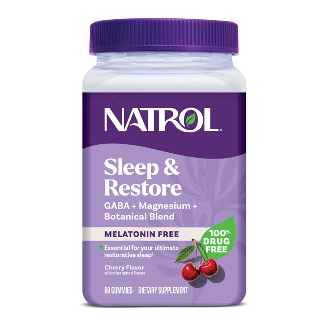 A bottle of Natrol Sleep & Restore Gummies Non-Melatonin features a botanical blend. The label notes Melatonin Free, 100% Drug Free, and Cherry Flavor with cherry images. Contains 60 gummies for restful nights.