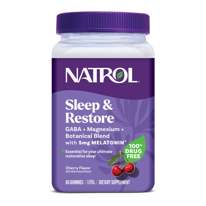 Natrol Sleep & Restore Gummies with Melatonin are cherry-flavored sleep aid gummies containing 5mg melatonin, GABA, magnesium, and a botanical blend. The label features cherries and purple accents. They’re 100% drug free.