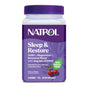Natrol Sleep & Restore Gummies with Melatonin are cherry-flavored sleep aid gummies containing 5mg melatonin, GABA, magnesium, and a botanical blend. The label features cherries and purple accents. They’re 100% drug free.