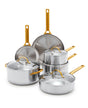 The GreenPan Reserve Stainless Steel Cookware Set features tri-ply stainless steel, gold-colored handles, two frying pans, two covered saucepans, a covered sauté pan, and a large covered pot—all PFAS-free and arranged on a white background.
