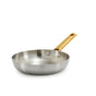 The GreenPan Reserve Stainless Steel Open Fry Pan features a tri-ply construction and a light brown handle with a hole at the end—ideal for restaurant-quality cooking. Shown on a white background.