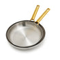 Two GreenPan Reserve Stainless Steel Open Fry Pan Set pans, featuring tri-ply construction and metallic gold handles, are stacked diagonally against a white background.
