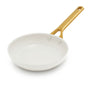 The GreenPan Reserve Pro Open Frypan, a white ceramic nonstick pan with a gold-colored handle, is perfect for toxin-free cooking and is displayed on a plain white background.