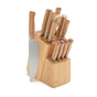 The GreenPan Elite Light Pakka Wood Cutlery Knife Block Set features kitchen knives with light brown handles, stainless steel blades, kitchen shears, and a prominently placed chef’s knife for easy access.