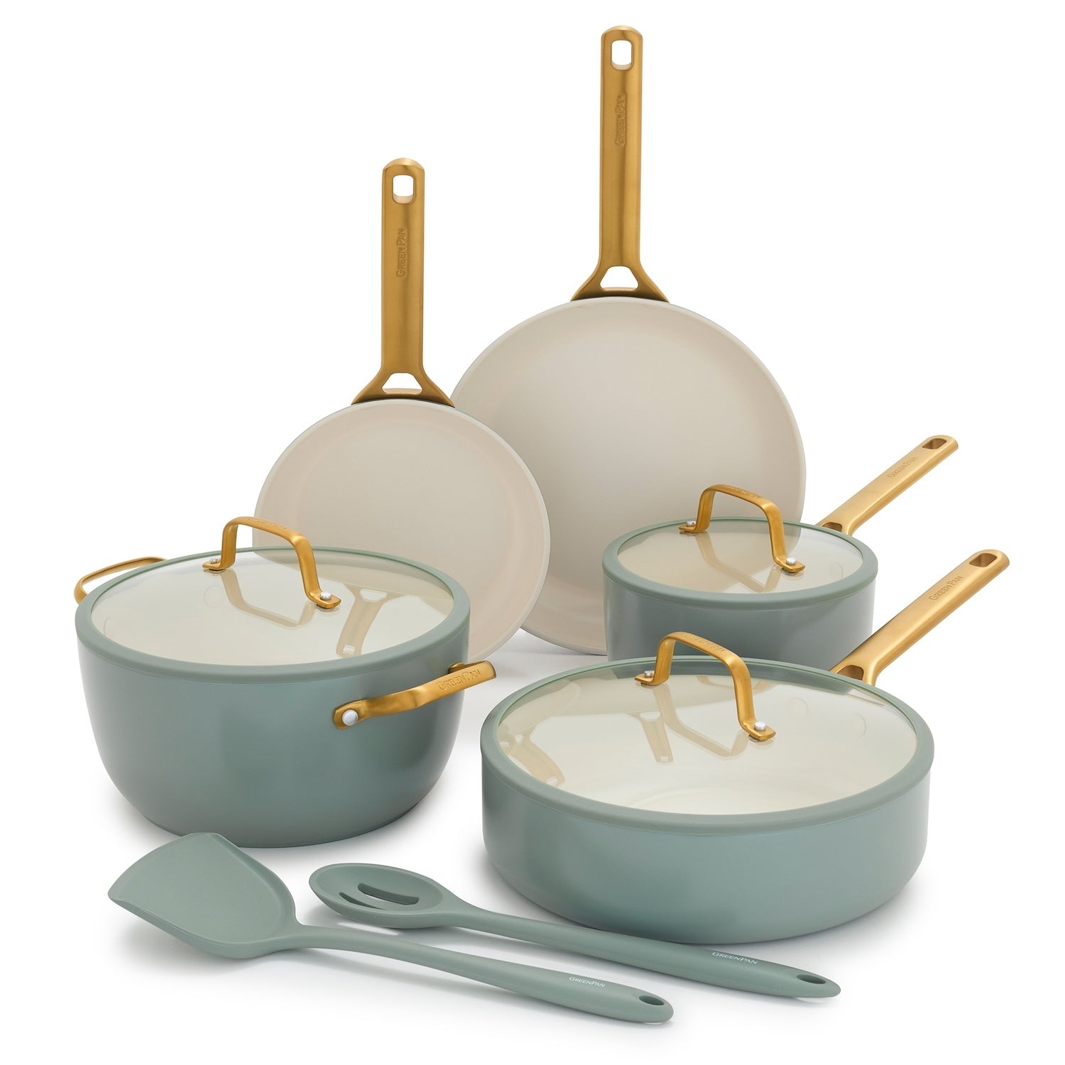 The GreenPan Reserve Pro Cookware Set features green ceramic nonstick pans with gold handles, including two frying pans, two covered saucepans, a covered sauté pan, and three utensils, all shown on a white background.