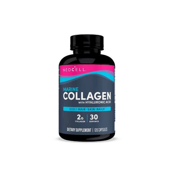 A black bottle of NeoCell Marine Collagen supplement with Hyaluronic Acid, featuring a blue and pink label that promotes skin support; contains fish-sourced collagen for hair, skin & nails, 2g per serving, 120 capsules.